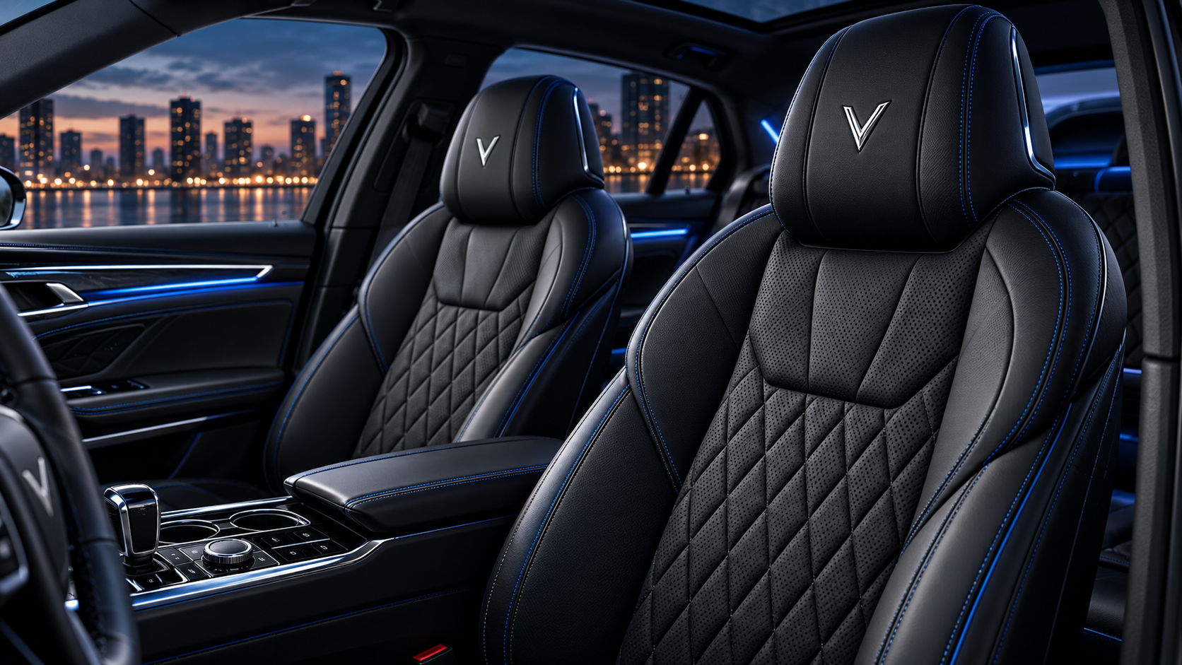 Interior of a luxury car with black leather seats, blue stitching, and a city skyline at dusk visible through the windows.