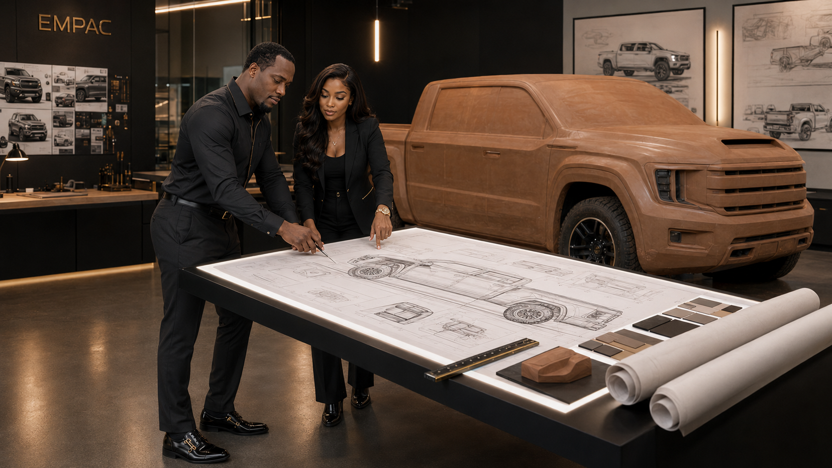 Two designers work on a car blueprint at a modern design studio with a clay model of an SUV in the background.