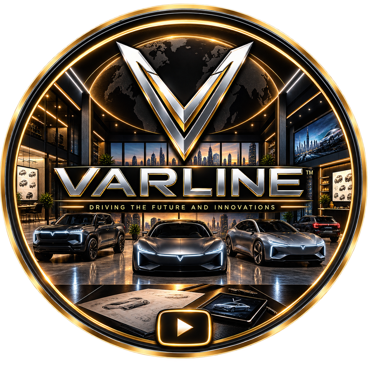 Logo of Varlne with luxury cars inside a modern showroom with neon lighting, city skyline view, and promotional materials.