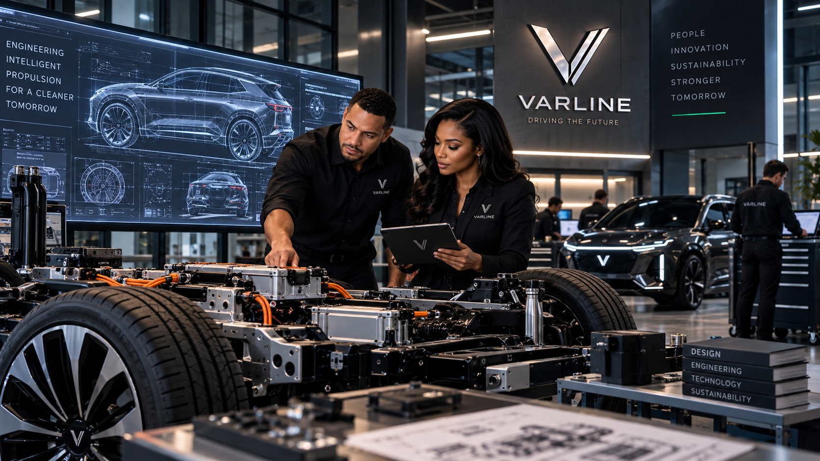 Two engineers working on electric vehicle chassis in a modern automotive lab, with a digital blueprint of a car displayed on a large screen behind them and a sleek black vehicle in the background. Both engineers are wearing black shirts with the Varlne logo, and the setting emphasizes innovation and engineering.