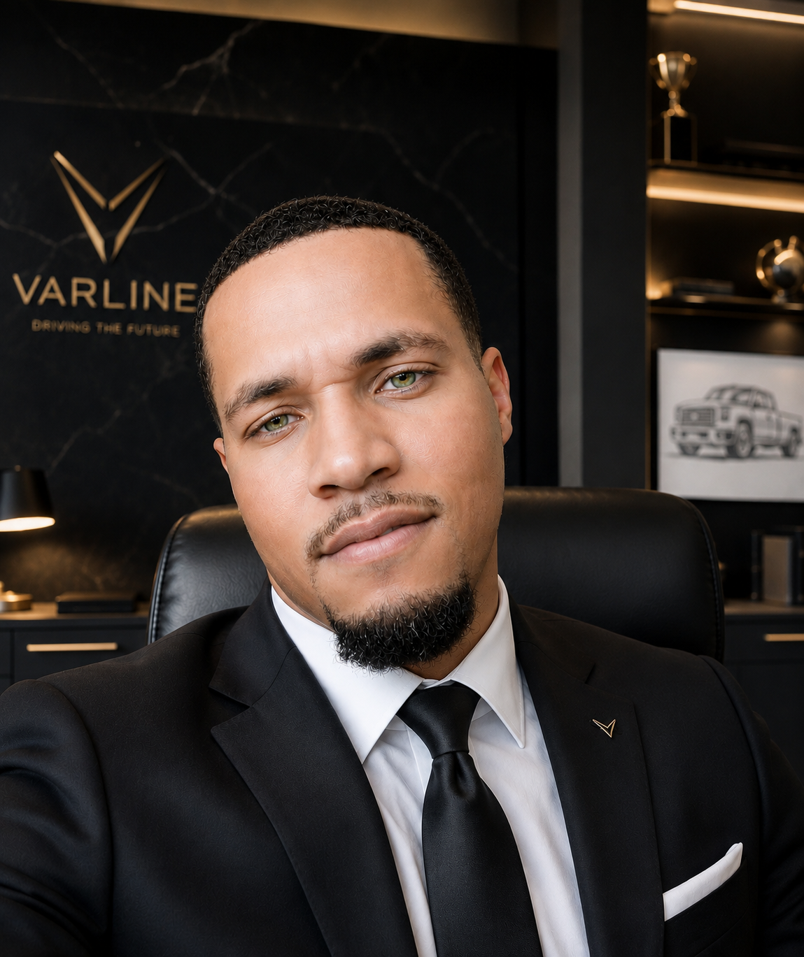 A man in a black suit and tie sitting in an office chair, with a black and gold logo on the wall behind him that reads "VARLINE" and includes the tagline "DRIVING THE FUTURE." The office has dark decor with shelves and framed pictures, including a drawing of a vehicle.