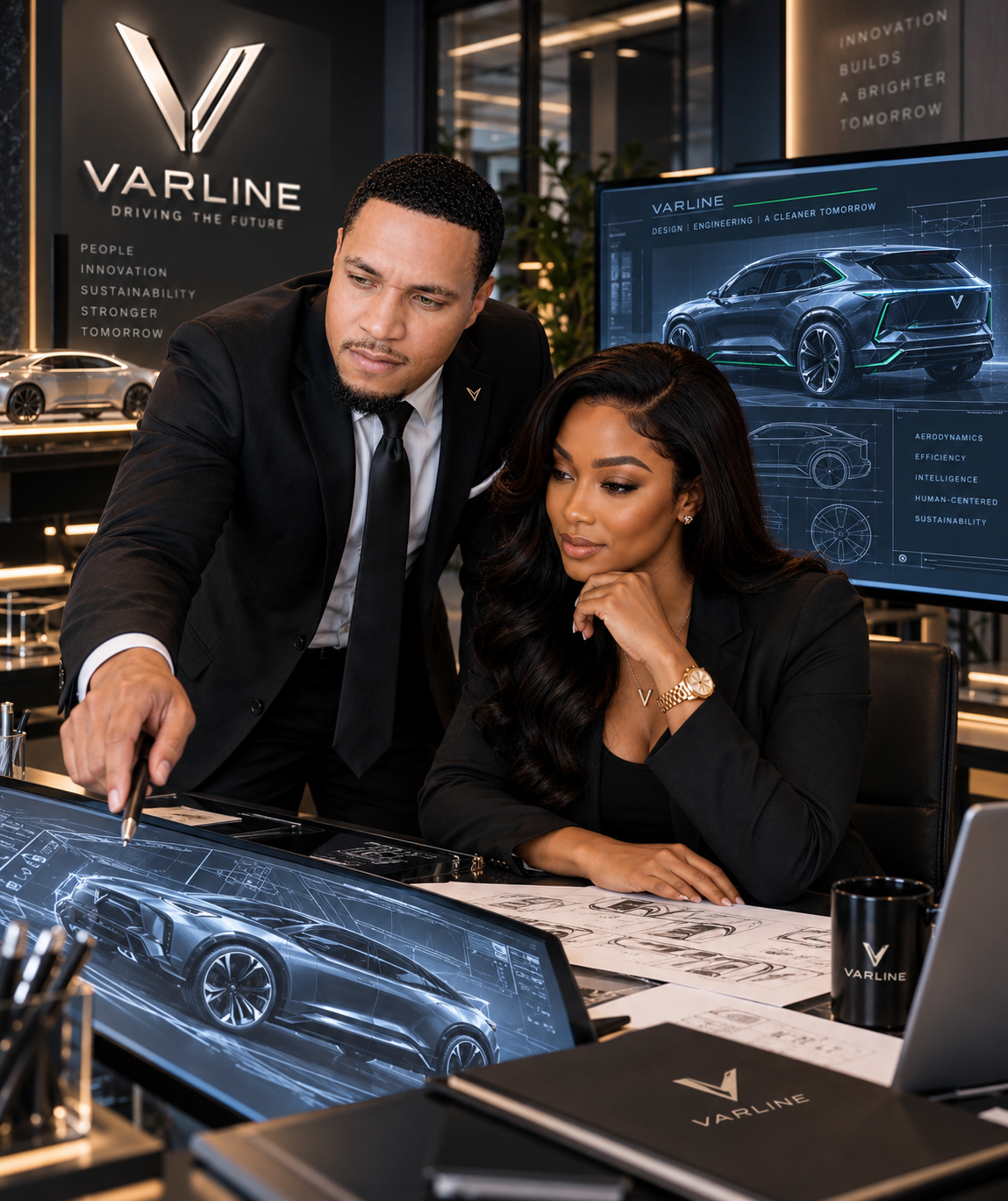 Two professionals, a man and a woman, discussing a car design in a modern office with large screens displaying a digital car blueprint and branding for Varline.