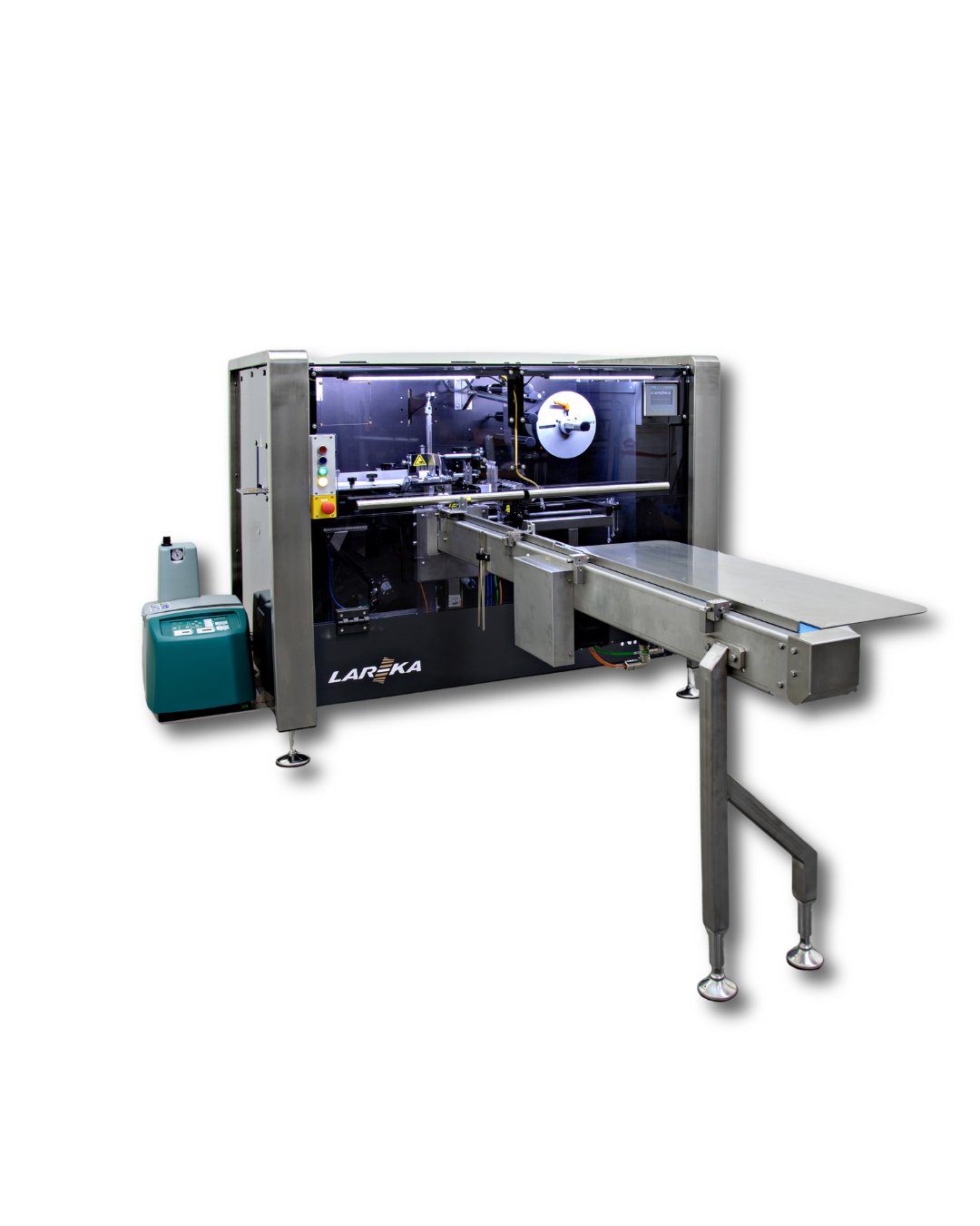 NP60 Chocolate packaging machine with conveyor belt, labeled 'LAREKA', used for wrapping Napolitains and small chocolate bars in premium packaging styles.