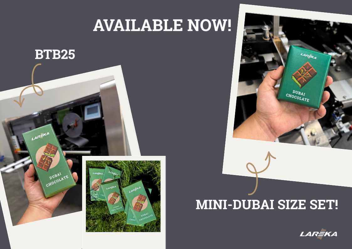 Jetzt erhältlich: Die Schokoladenverpackungsmaschine BTB25 für Dubai-Schokoladentafeln und/oder ein Set im Mini-Dubai-Formatsatz!