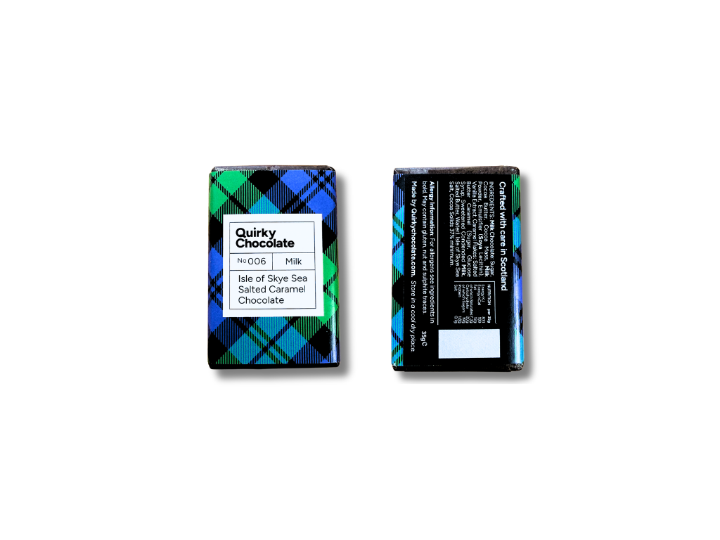 Two small chocolate bars from Quirky Chocolate wrapped in a band wrap packaging style on a white background. The bar on the left features a label with the product name and flavor, and the bar on the right shows the ingredients and origin.