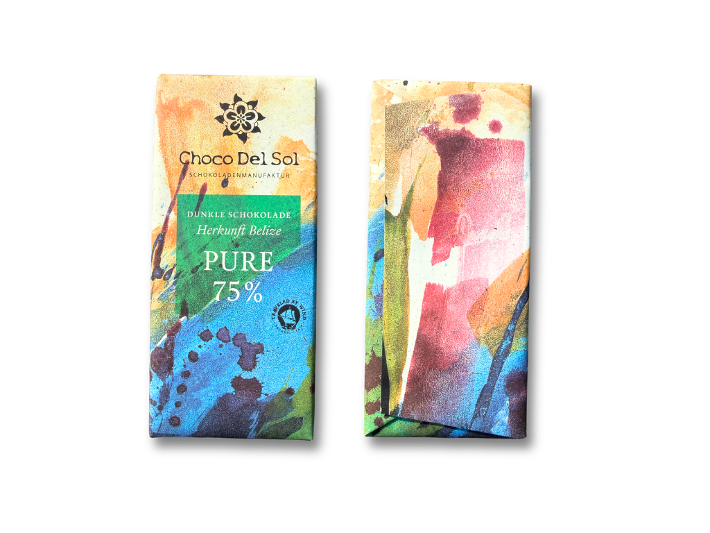 Two colorful chocolate bars wrapped in artistic paper with abstract watercolor designs and text in a full envelope packaging style with a Lareka BTB25, one showing it is dark chocolate from Belize, 75% pure.