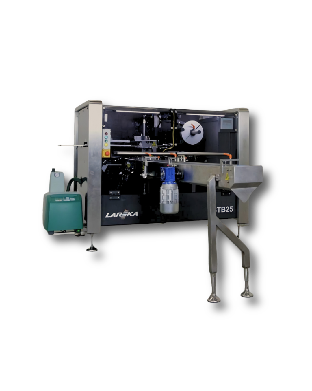 BTB25 Chocolate packaging machine with an infeed conveyor, metal frame, control panel, and labeled 'LAREKA' on the front, standing on adjustable legs, used for wrapping chocolate bars in premium packaging styles.