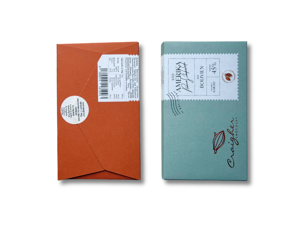 Two chocolate bars, one orange and one teal,  wrapped in a cardboard packaging style with a Lareka BTB25. 