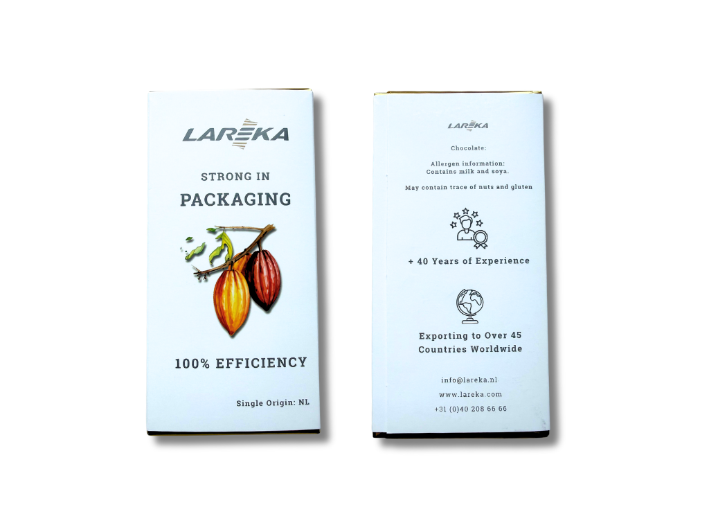 Two chocolate bars wrapped in a band wrap packaging style with gold foil as inner layer, one displaying a cocoa bean illustration, the other with text about the company's experience and allergen information.