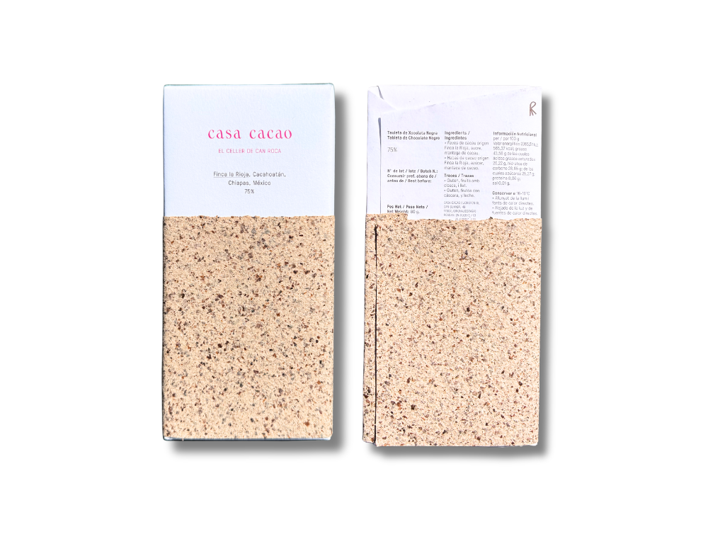 Packaging of Casa Cacao chocolate from Mexico, with one box facing forward and the other showing the back side, both featuring a speckled beige and pink pattern and wrapped in a third layer band wrap packaging style.