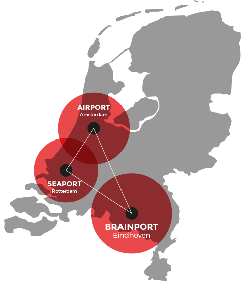 Map highlighting airports, seaports, and brainports in the Netherlands connected by lines, including Airport Amsterdam, Seaport Rotterdam, and Brainport Eindhoven highlighting that Lareka is based within the Brainport region.