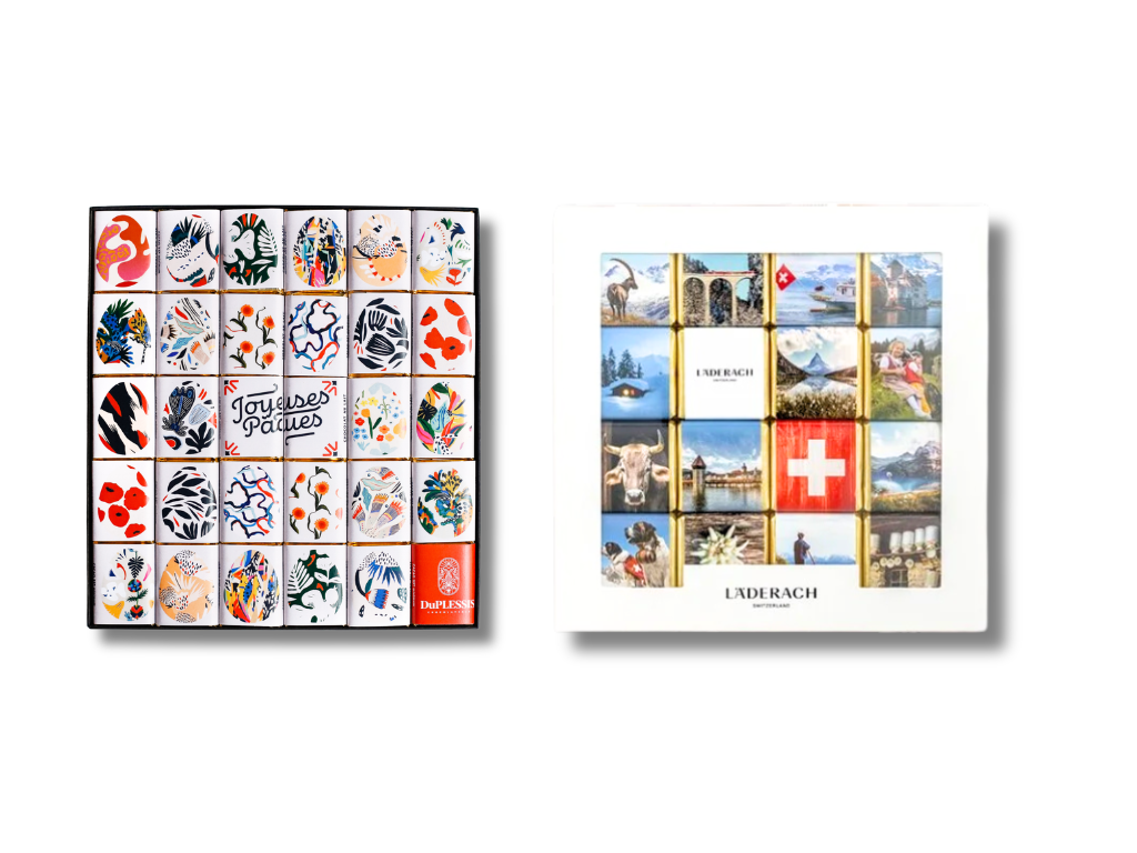 Two boxes of chocolates, one with colorful Easter-themed packaging and the other featuring Swiss tourism images, with the names "Joyeuses Pâques" and "LADERACH", both representing the artboxes or puzzles that can be created with the Lareka BTB25.