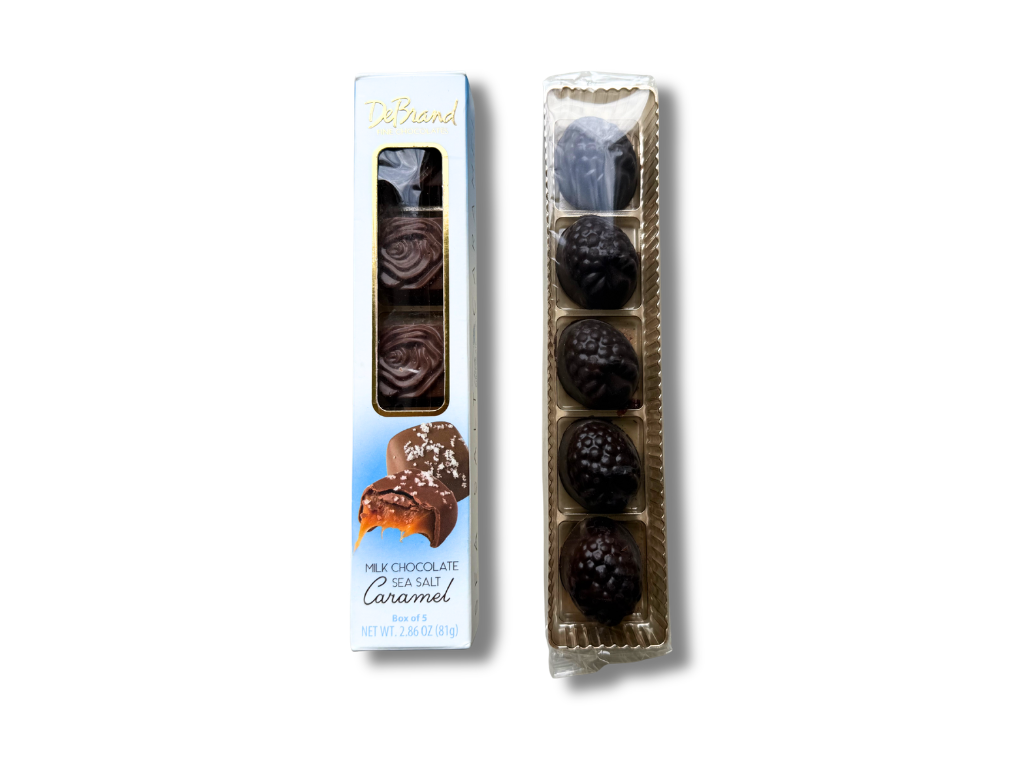 A Box of five milk chocolate sea salt caramel truffles with a almonds and a swirl of chocolate wrapped in a bon bon tray in cardboard box packaging style. 