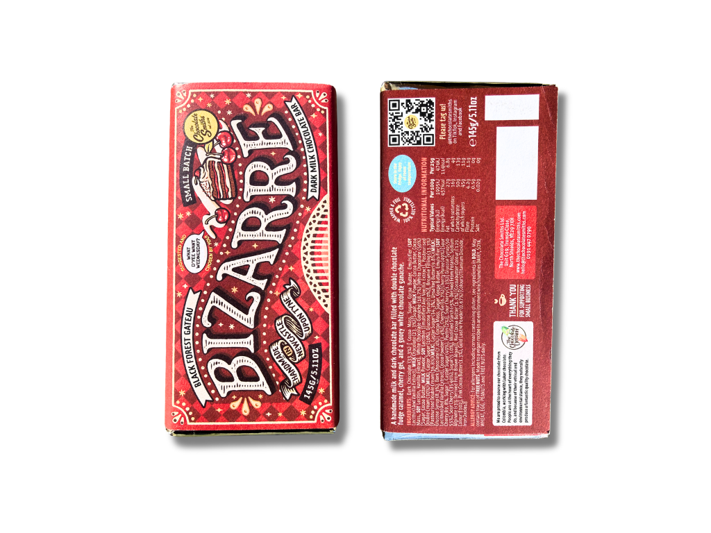 A package of Black Forest Zombie Bites dark milk chocolate with cherry flavor wrapped in a band wrap packaging style with a Lareka BTB25, showing the front and back of the box.