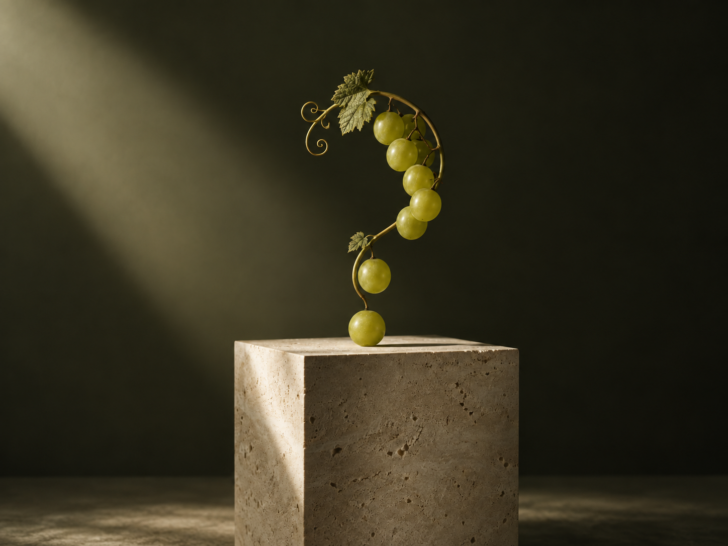 Racimo de uvas formando un signo de interrogación sobre un pedestal, imagen conceptual para la sesión exploratoria de Malva.