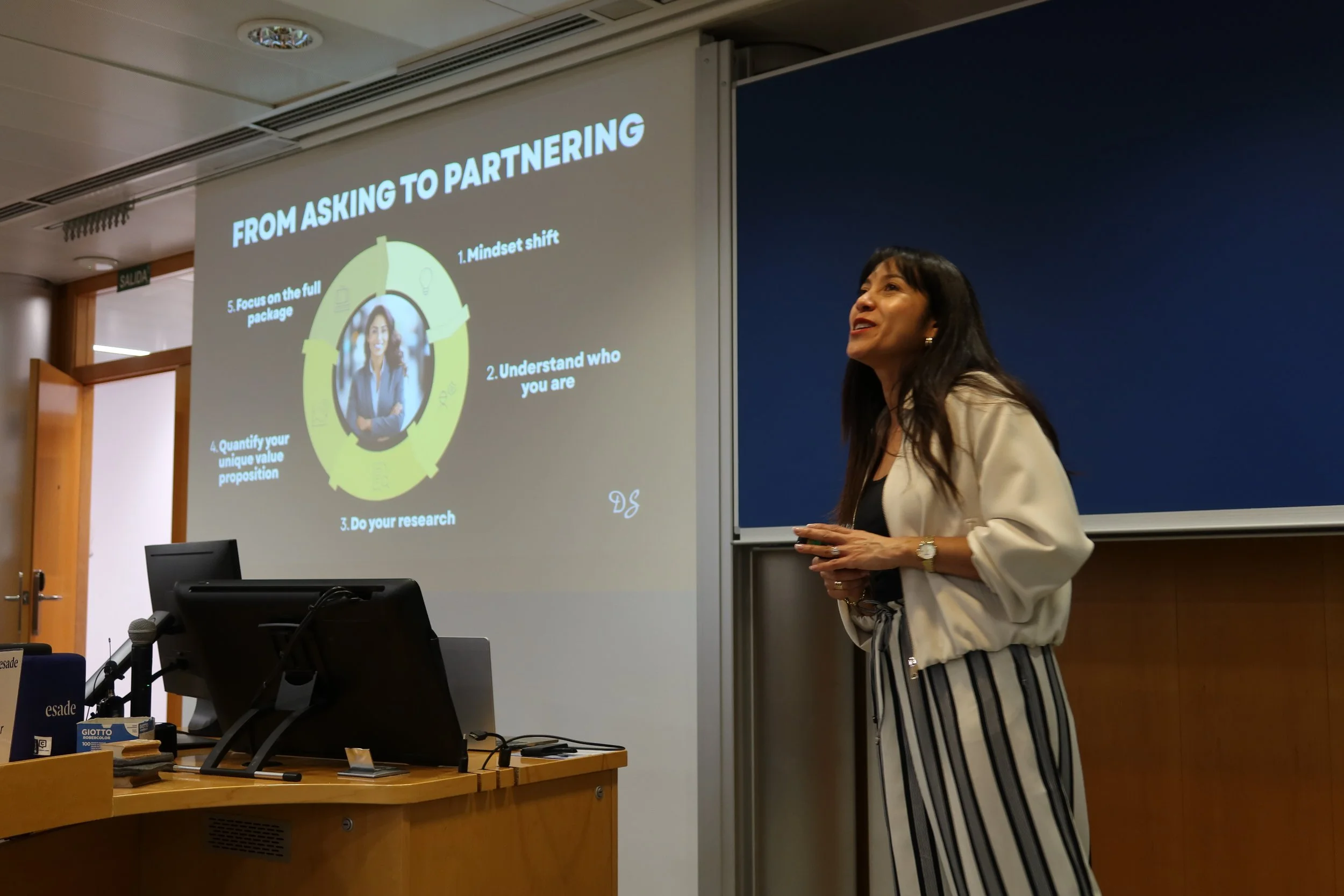 A woman standing in front of a projection screen giving a presentation titled "From Asking to Partnering." The slide shows five points: mindset shift, understand who you are, do your research, quantify your unique value proposition, and focus on the 
