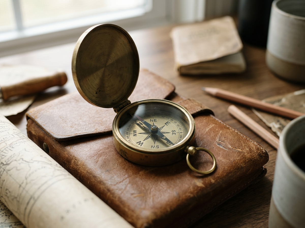 A vintage brass compass opened on an antique brown leather-covered notebook, surrounded by old maps, a waxing stamp, a pencil, and ceramic cups on a wooden table near a window.