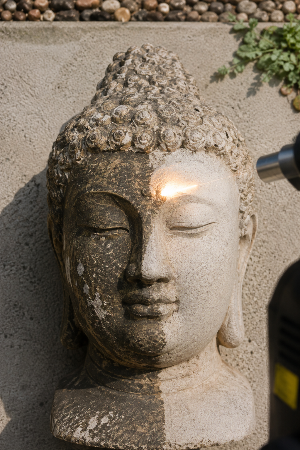 Statue de Bouddha en pierre, moitié sombre, moitié claire, prise en sandwich avec un faisceau lumineux, en extérieur.