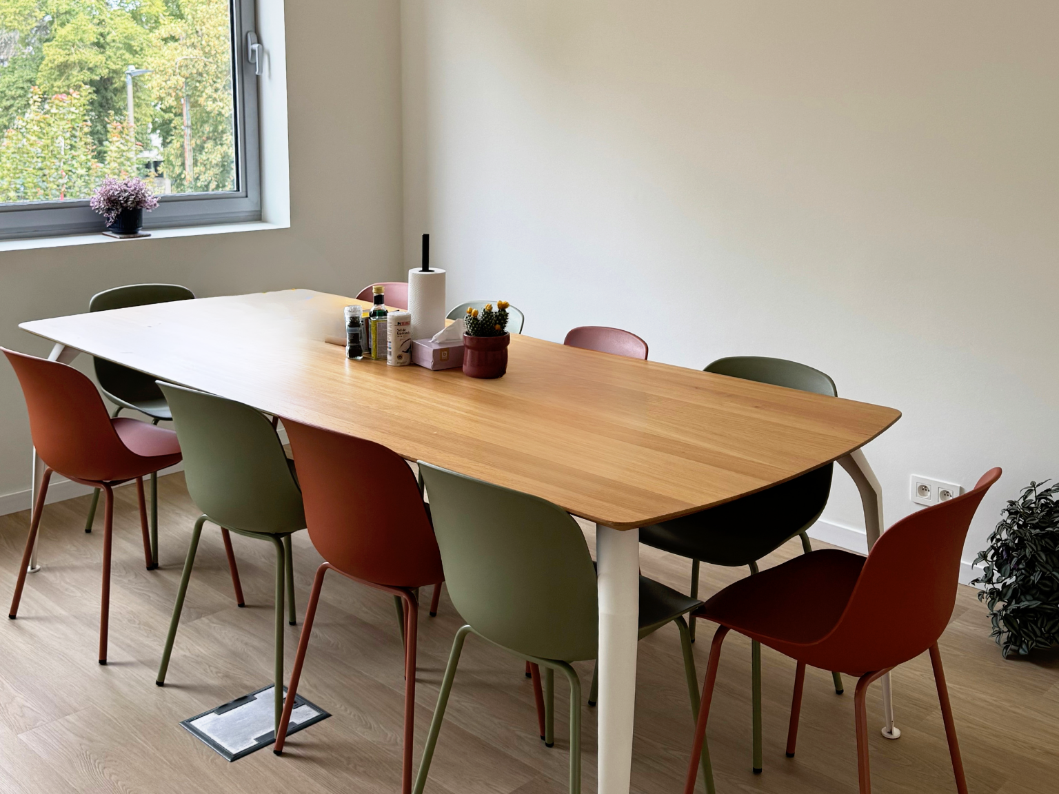 Dining place with colorful chairs, a window with green trees outside, and a small plant on the windowsill.