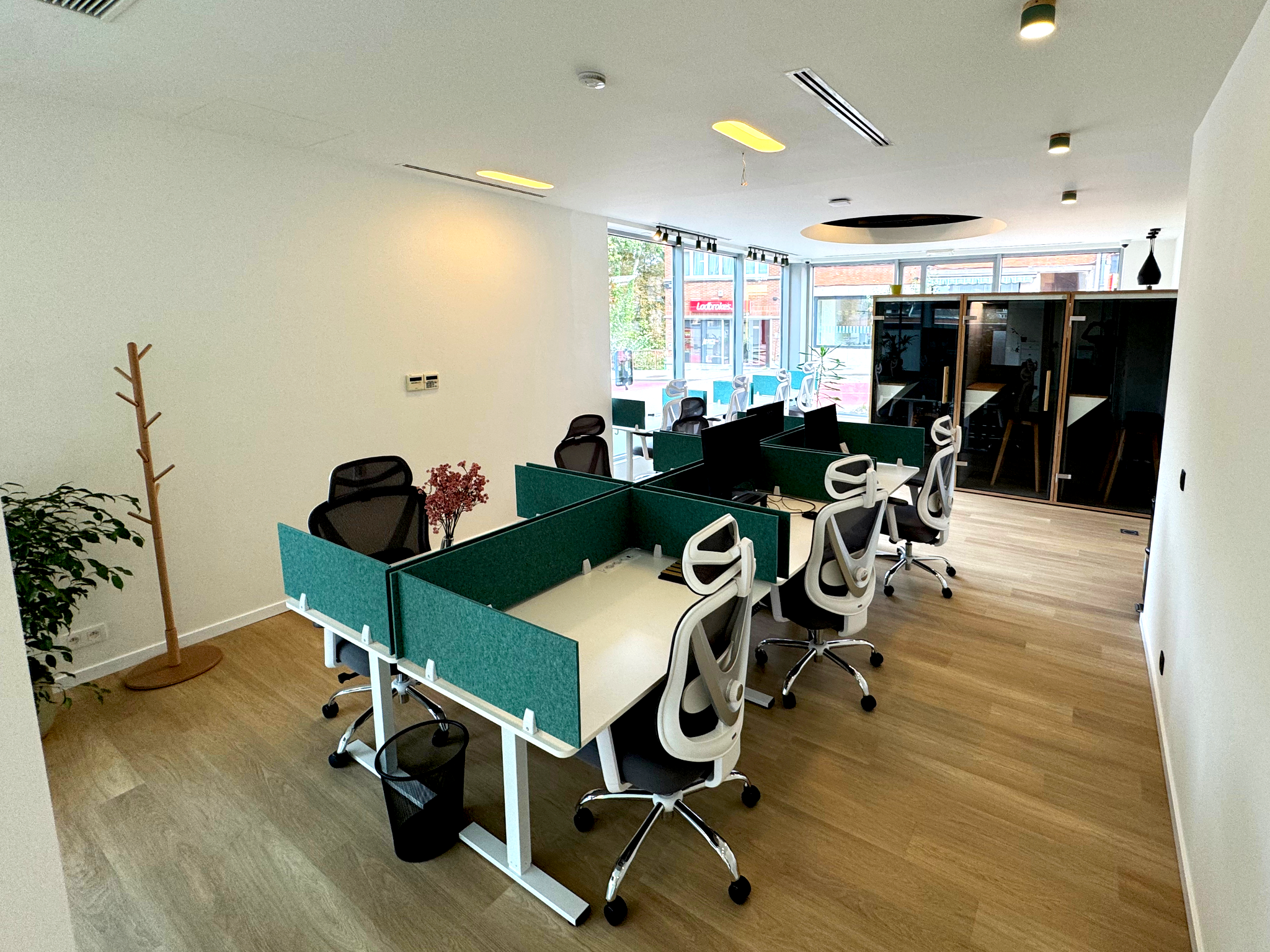 Modern office space with workstations, ergonomic chairs, plants, large glass windows, and natural light.