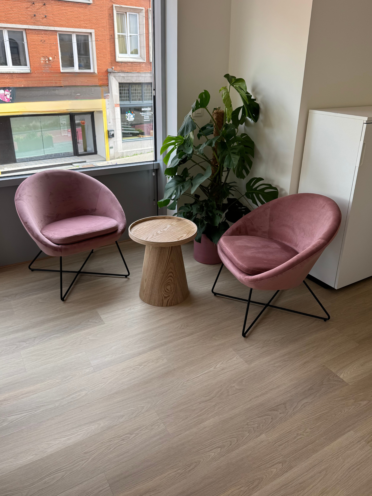 Lounge with two pink velvet chairs, a small round wooden table to relax during the work day