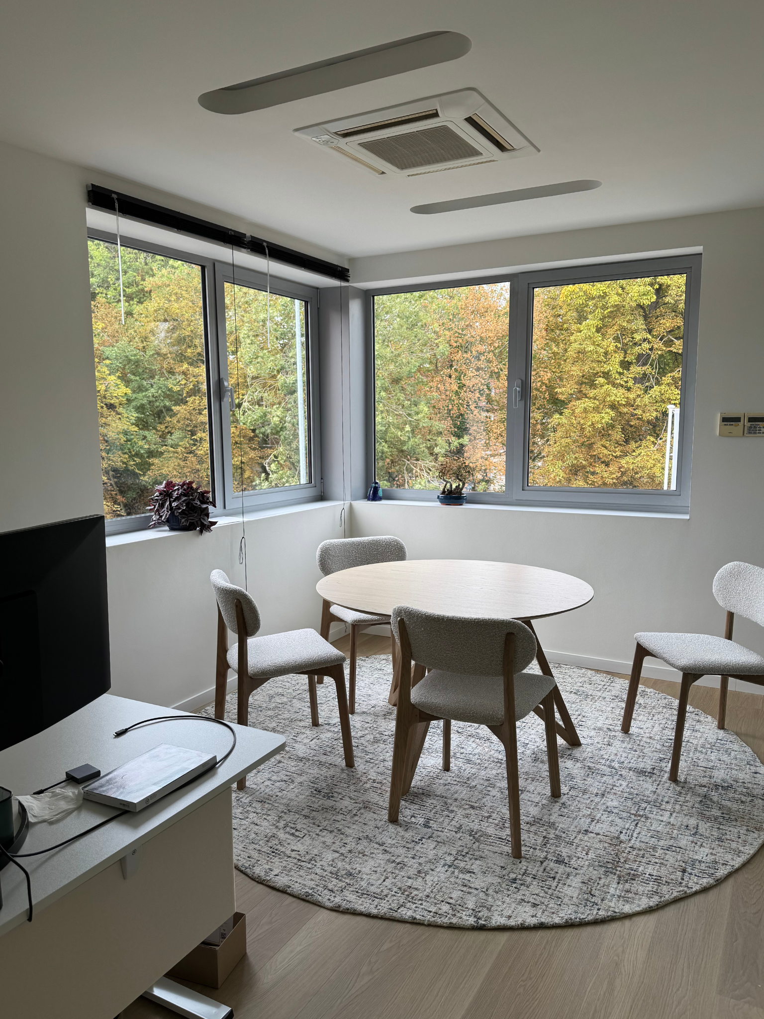 A modern office room with a round table and six chairs on a patterned rug, large windows showing trees outside and ceiling-mounted air conditioning.