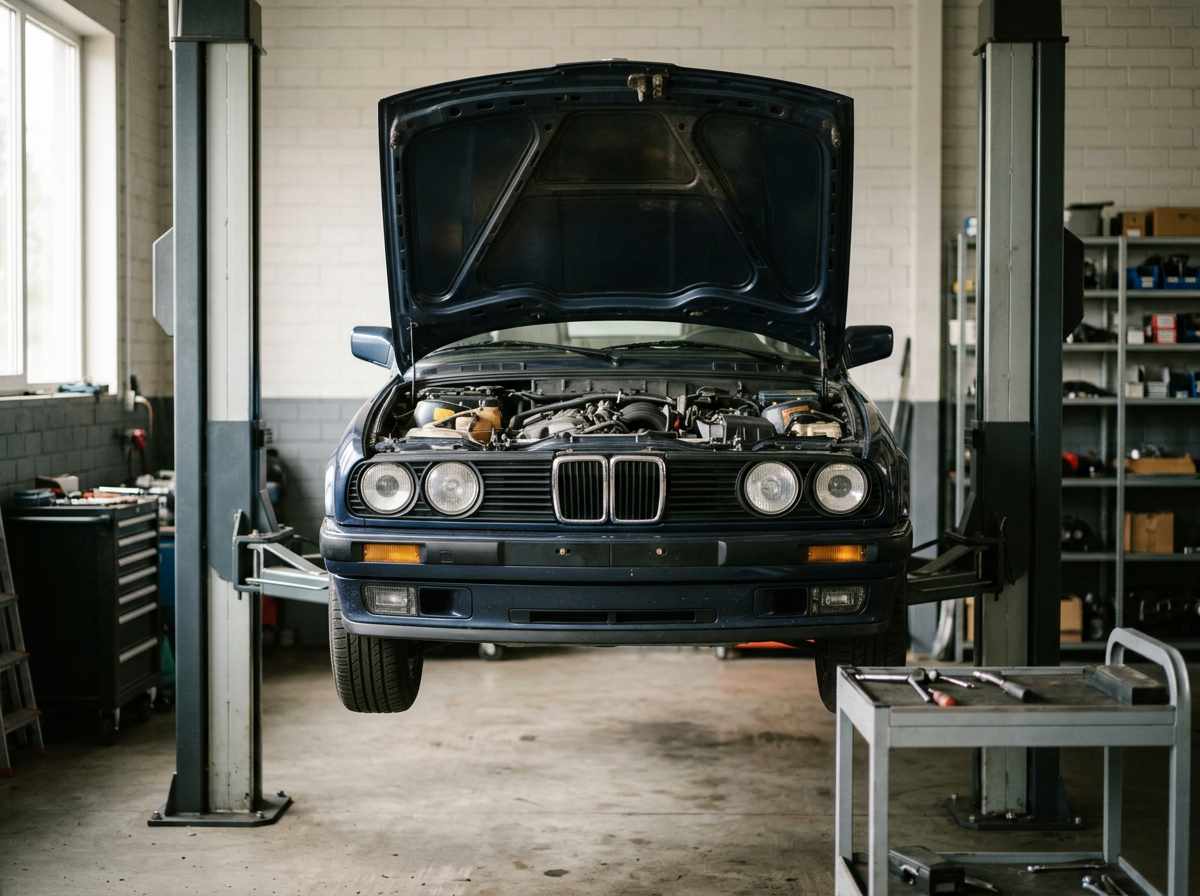 Carro BMW antigo com o capô aberto, elevado em um elevador de garagem, em uma oficina mecânica