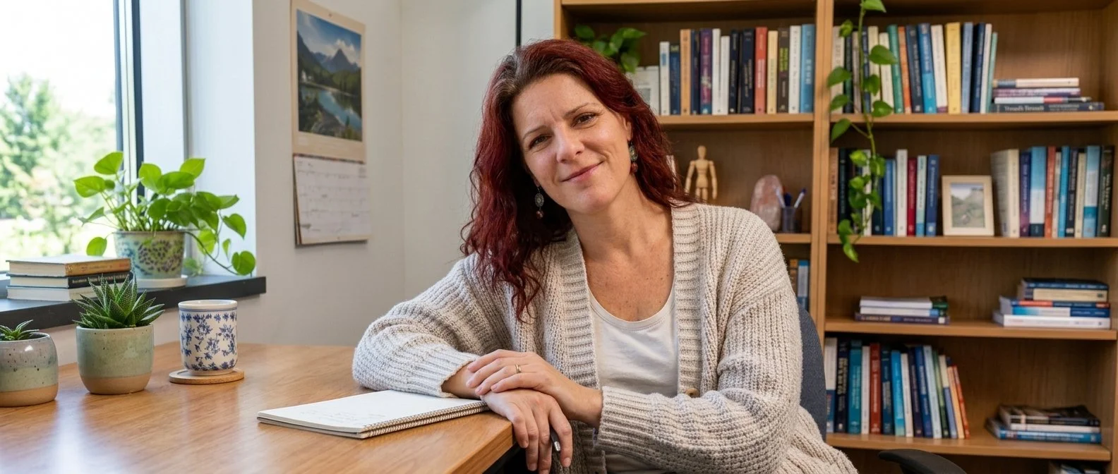 A woman with red hair sitting at a wooden desk in an office or library, looking at the camera with a gentle smile. Behind her, a bookshelf filled with books and a small potted plant are visible. A window to her left lets in natural light, and a calendar with a nature scene hangs on the wall.