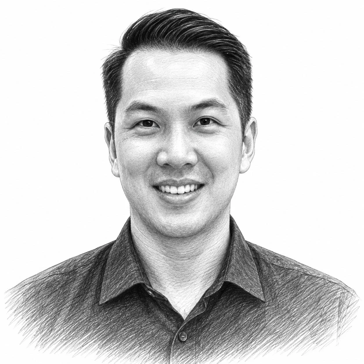 Black and white portrait of a smiling Asian man with short dark hair, wearing a collared shirt, against a plain background.