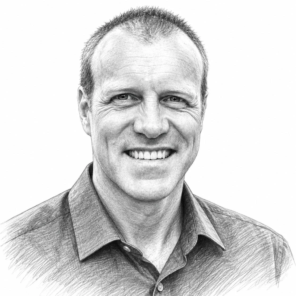 Black and white sketch of a smiling man with short, spiky hair, wearing a collared shirt.