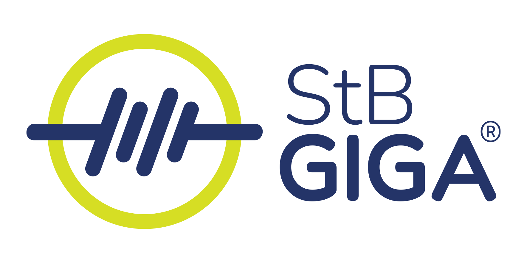 Logo of STB GIGA featuring a yellow circle with a copyright symbol and blue lines resembling the letter 'H', alongside the words 'STB GIGA'.