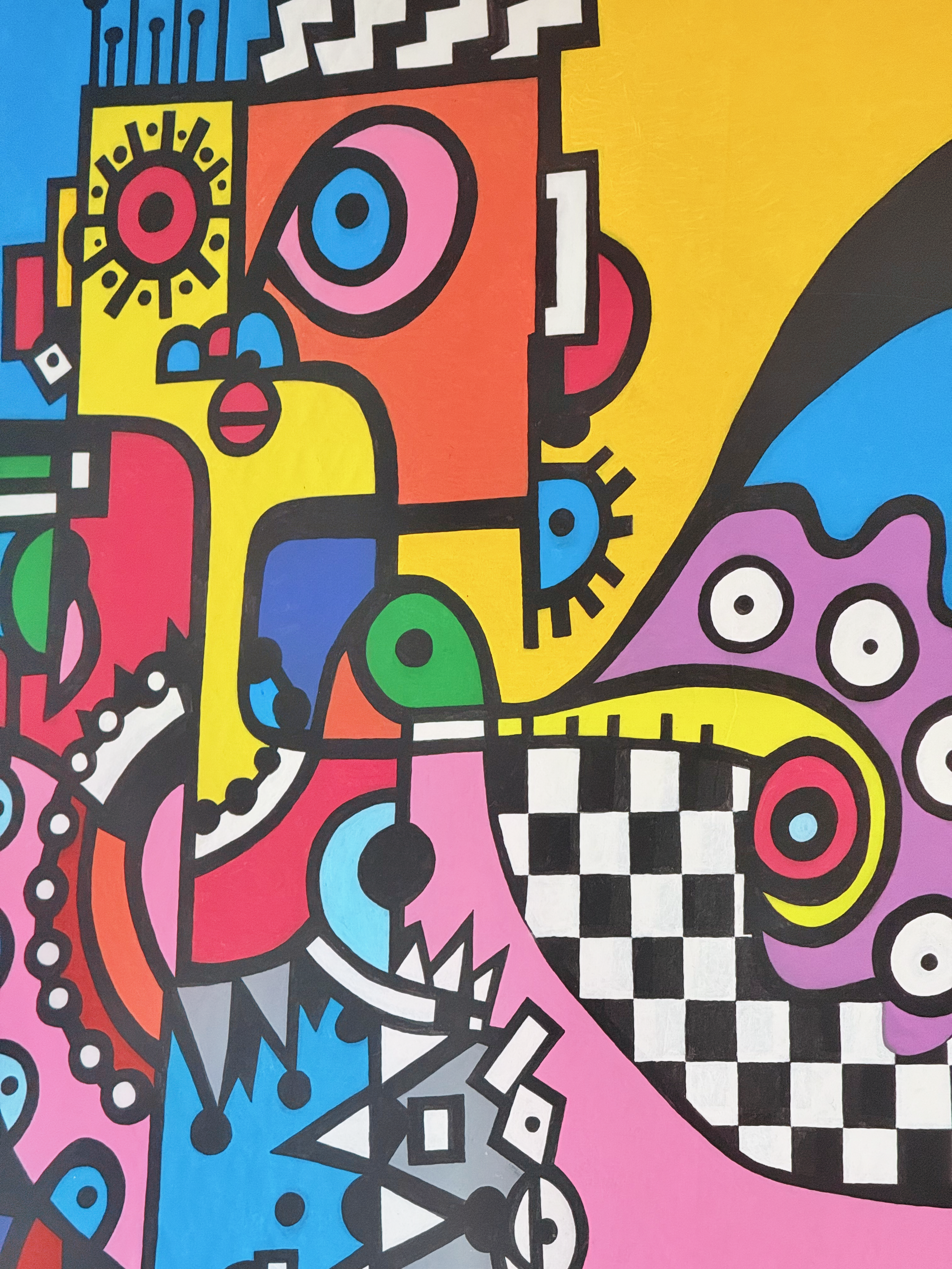 Bold abstract painting of a bird-like figure in bright yellow, pink, blue and checkerboard patterns