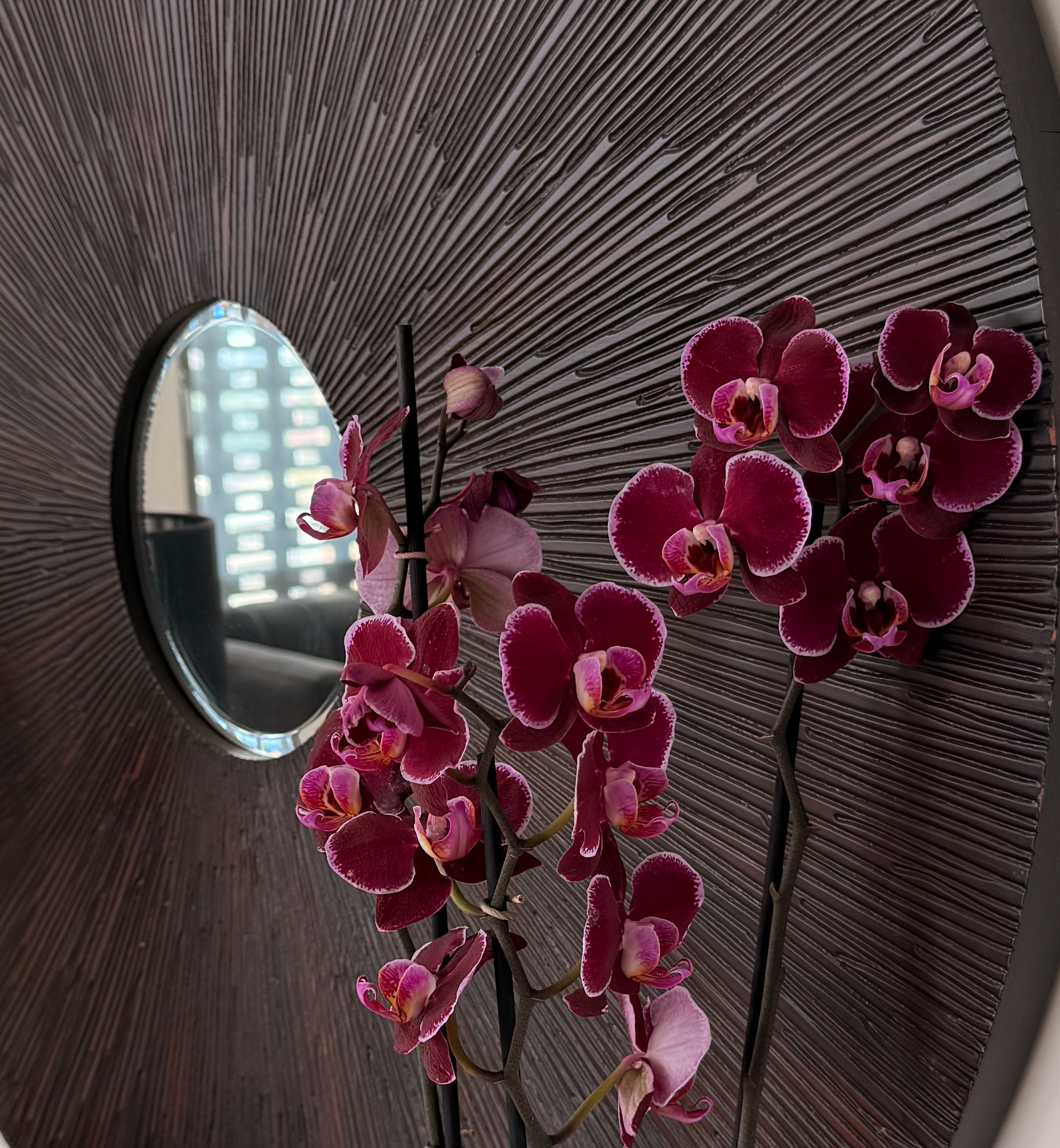 Deep purple orchids before a round brown wooden mirror