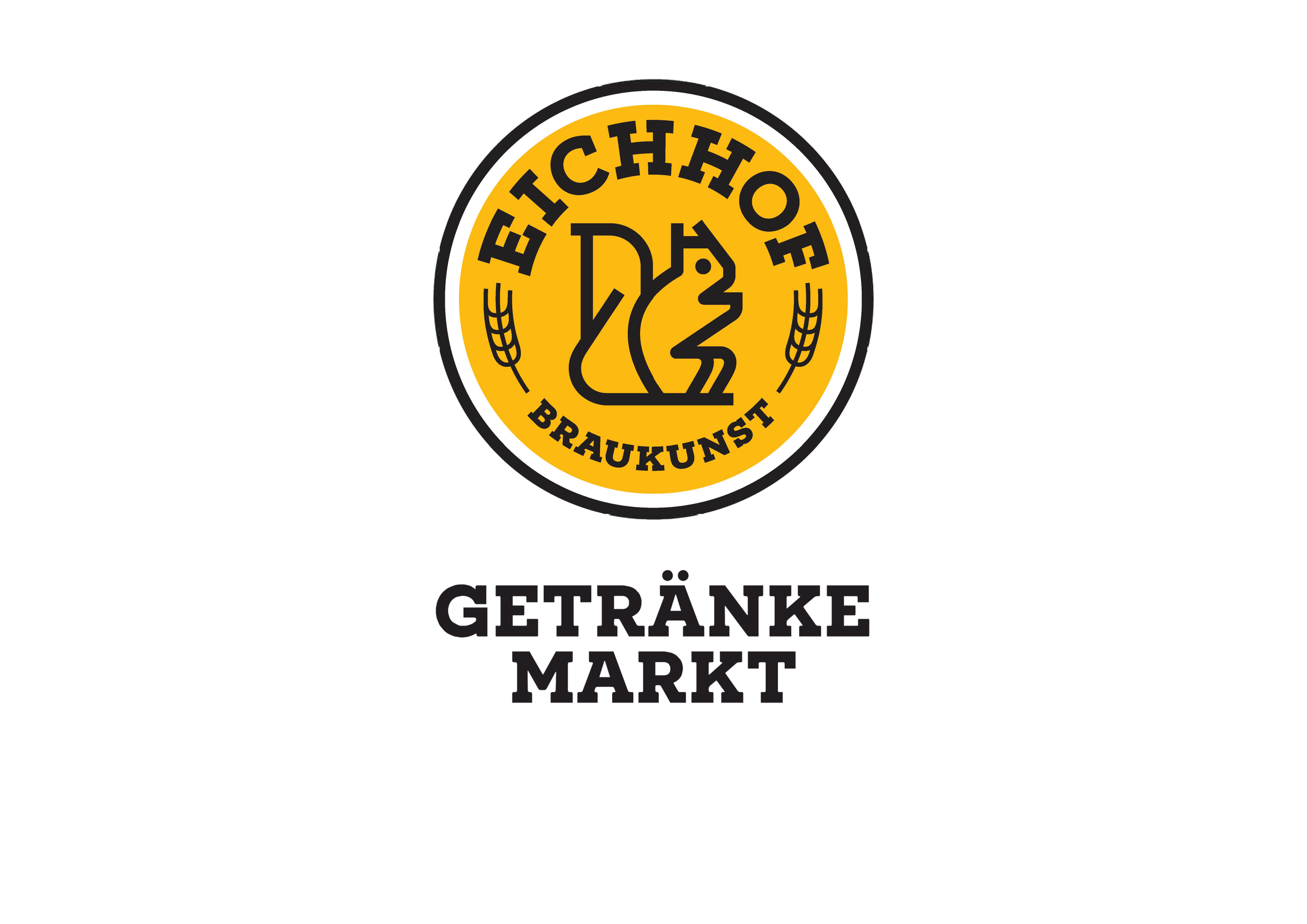 Logo des Getränkemarkts Luzern AG mit Eichhof Bier Logo mit gelbem Hintergrund und schwarzer Schrift, sowie einem Eichhörnchen symbol in der Mitte.