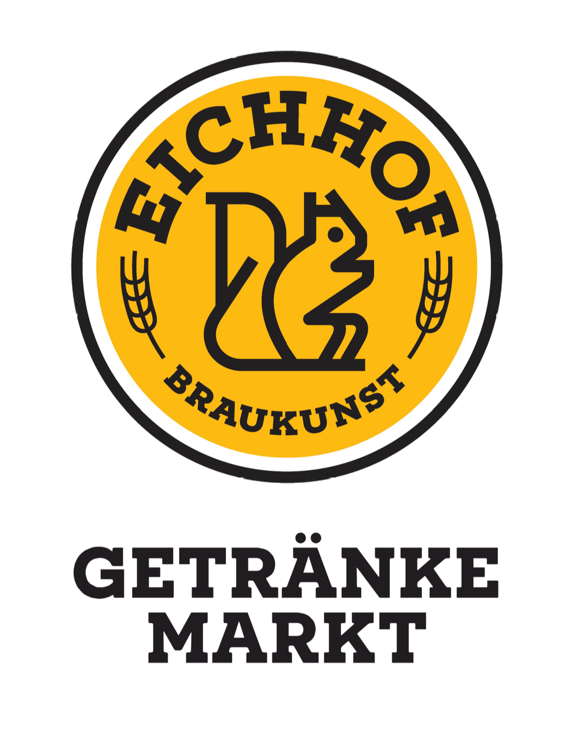 Logo eines Getränkemarktes namens 'Getränkemarkt Luzern' mit einem gelben Hintergrund, schwarzem Text und symbolischen Mais- und Weizenähren, mit der Aufschrift 'Getränke Markt' darunter.