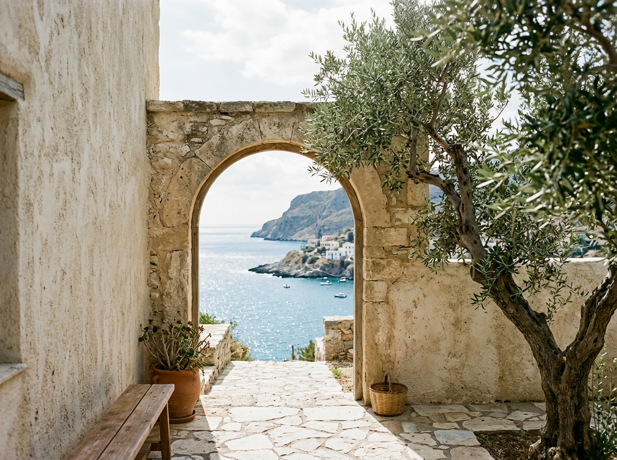 Vue sur la mer depuis un vieux clocher ou une villa avec une arche en pierre, un arbre et un pot en terre cuite, dans une région côtière