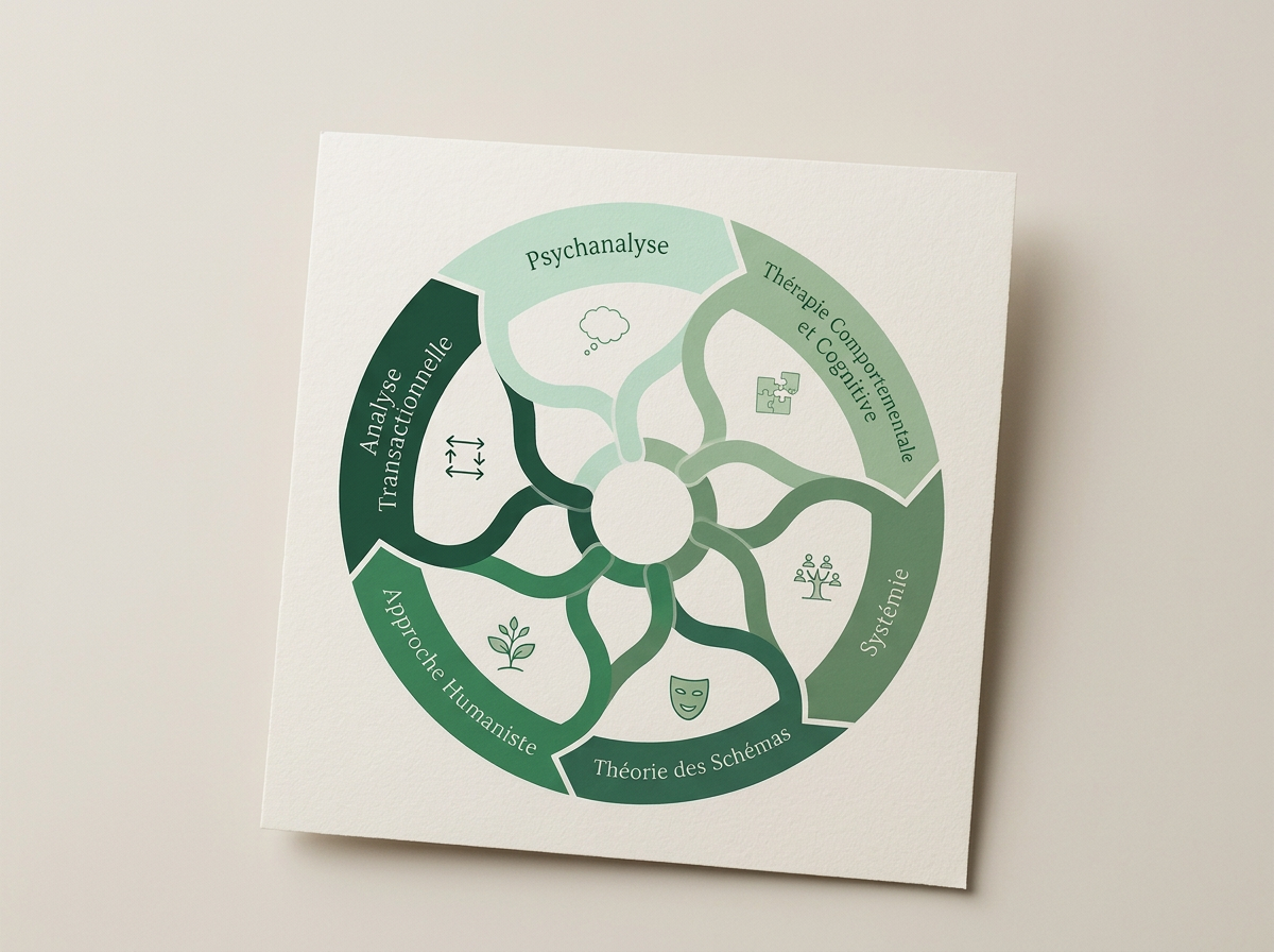 Diagramme circulaire représentant différentes approches thérapeutiques, notamment la psychanalyse, la thérapie comportementale et cognitive, le système, la théorie des schémas, l'approche humaniste, l'analyse transactionnelle, et d'autres.