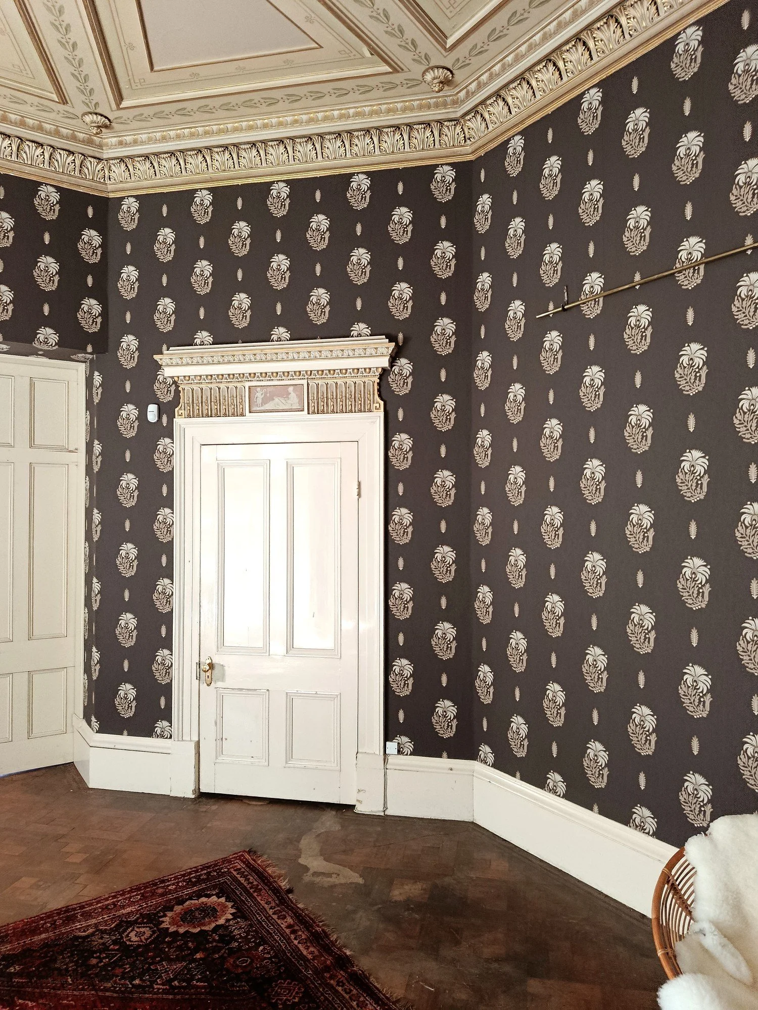 Dark patterned wallpaper surrounding a white panelled door with an ornate decorative surround.
