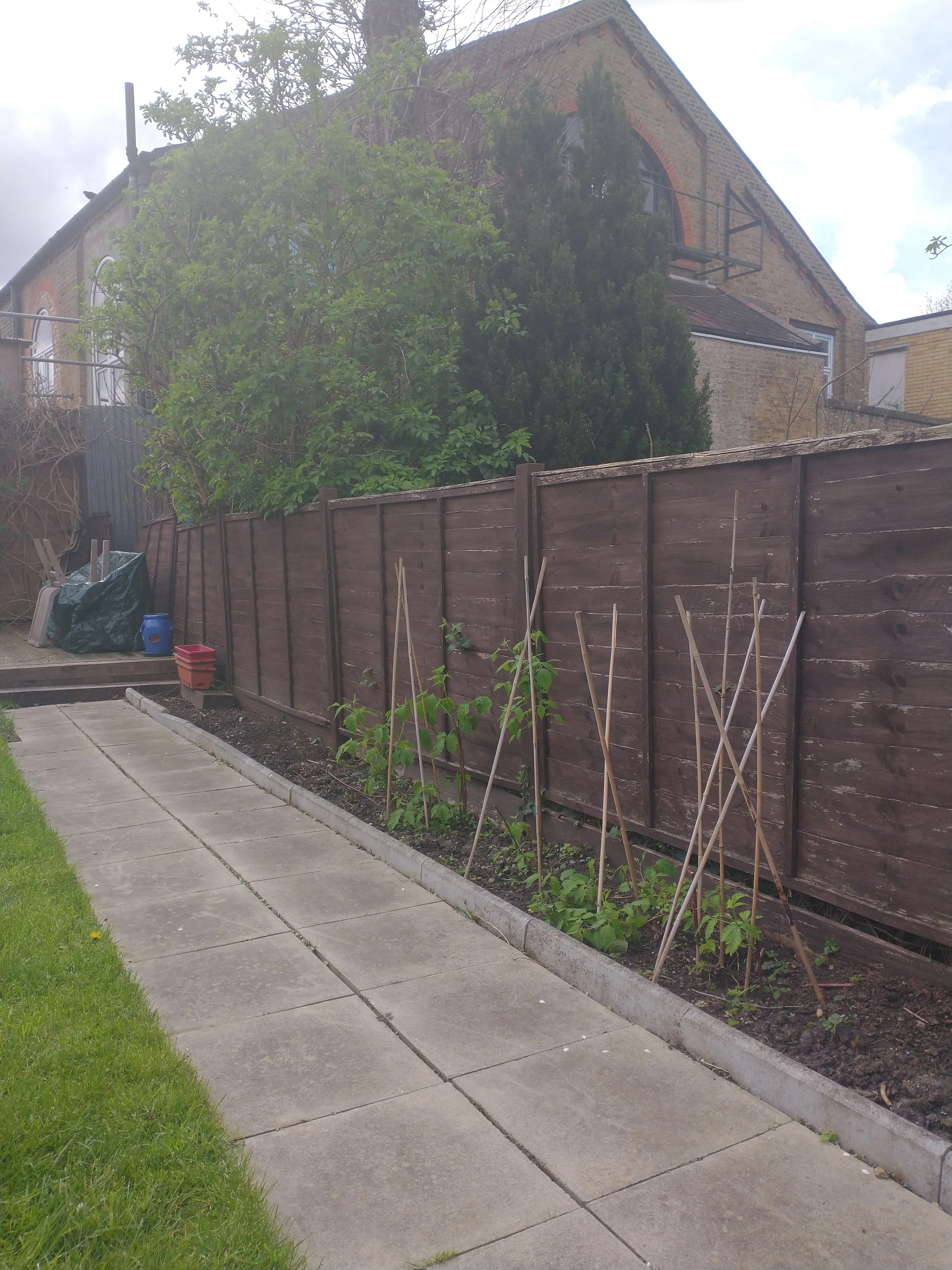 Old dark timber fence panels beside a planted border and paved garden path.