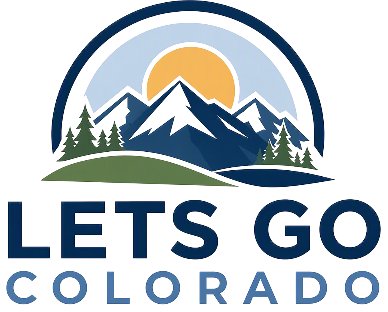 Let’s Go Colorado campaign logo featuring mountains, evergreen trees and a rising sun