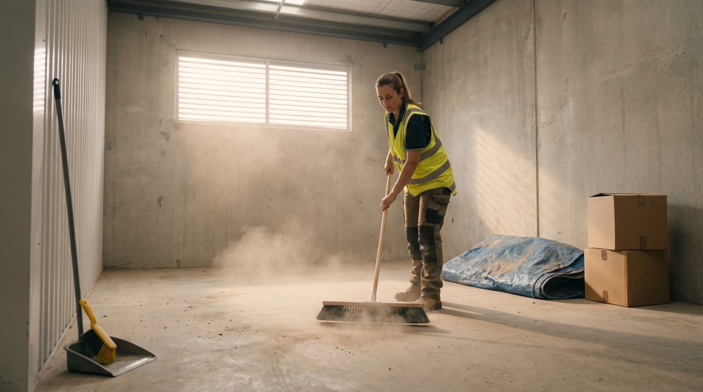A woman wearing a yellow safety vest and brown work pants sweeping the concrete floor of an empty room with cardboard boxes and a rolled-up tarp.