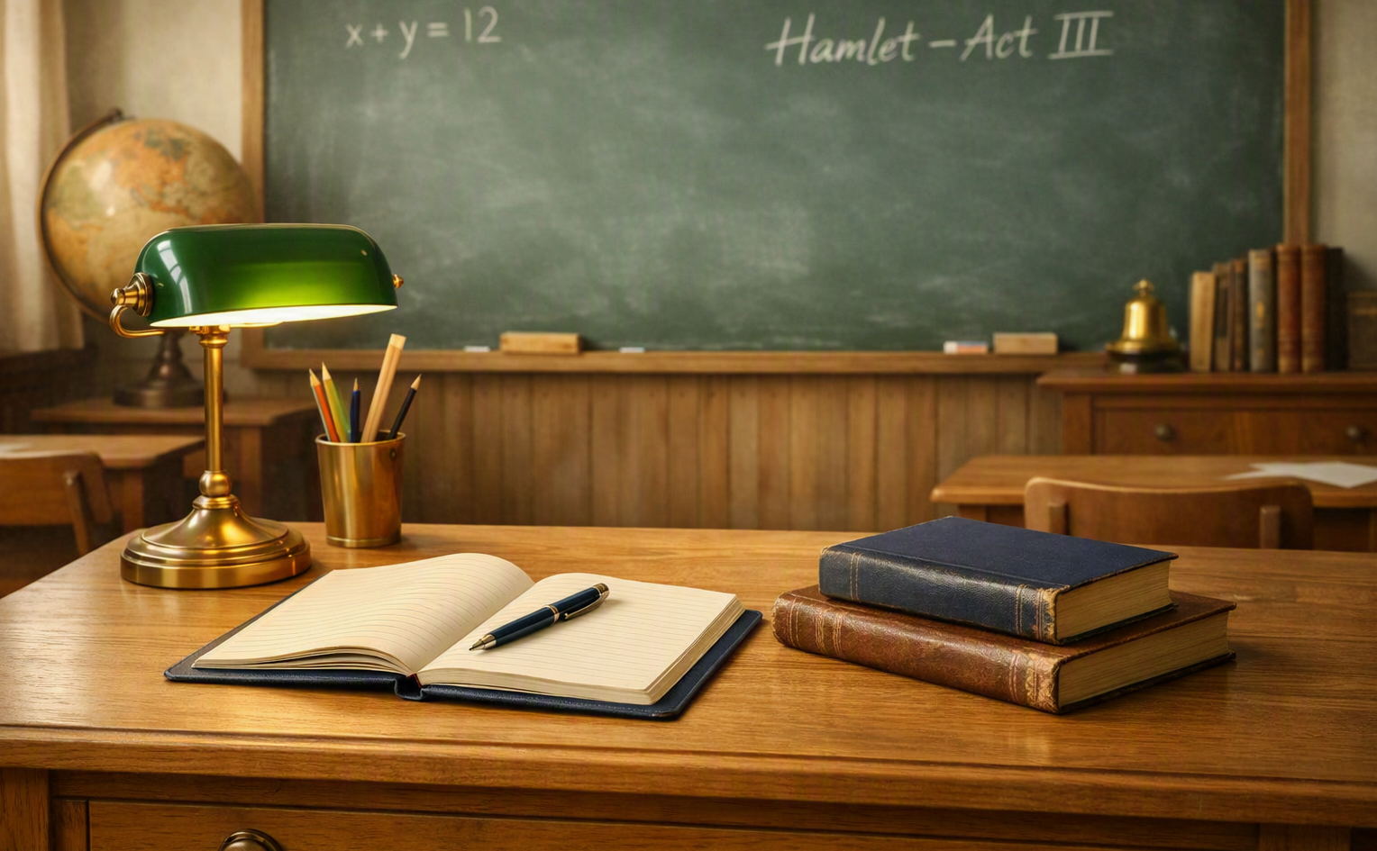 A classroom desk with an open notebook, a pen, and stacked vintage books, with a green banker’s lamp and a container of colored pencils in the foreground. In the background, there is a chalkboard with some math equations and a sign that reads 'Hamlet - Act III'.