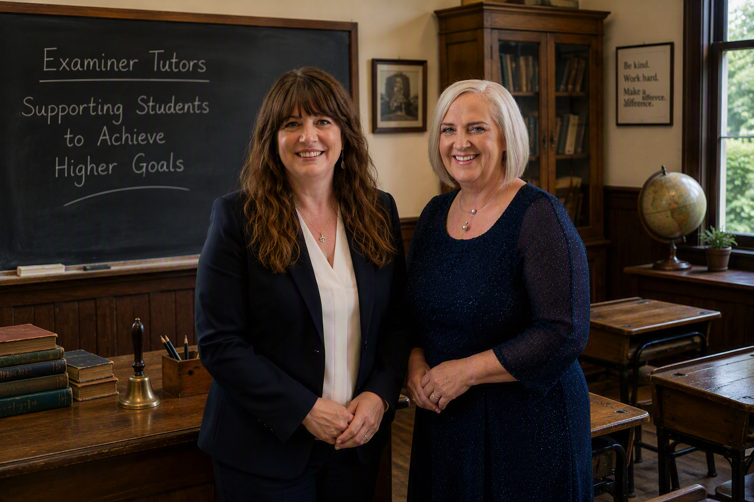 Two women smiling in a classroom with a blackboard that reads 'Examiner Tutors Supporting Students to Achieve Higher Goals'.