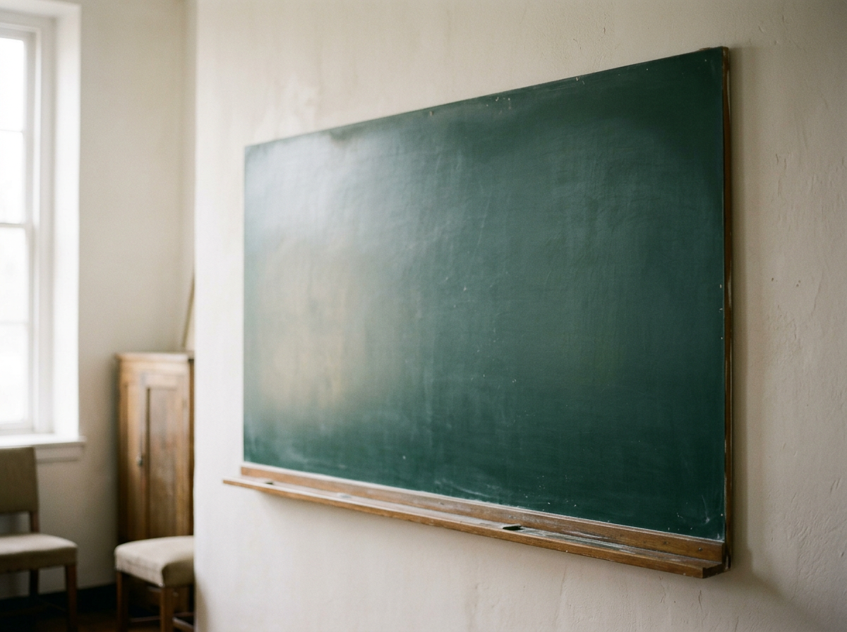 Empty green chalkboard mounted on a white wall in a classroom with chairs and a wooden cabinet in the background.