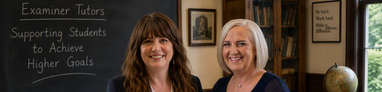 Two women standing in a classroom with a blackboard behind them that reads "Examiner Tutors Supporting Students to Achieve Higher Goals."