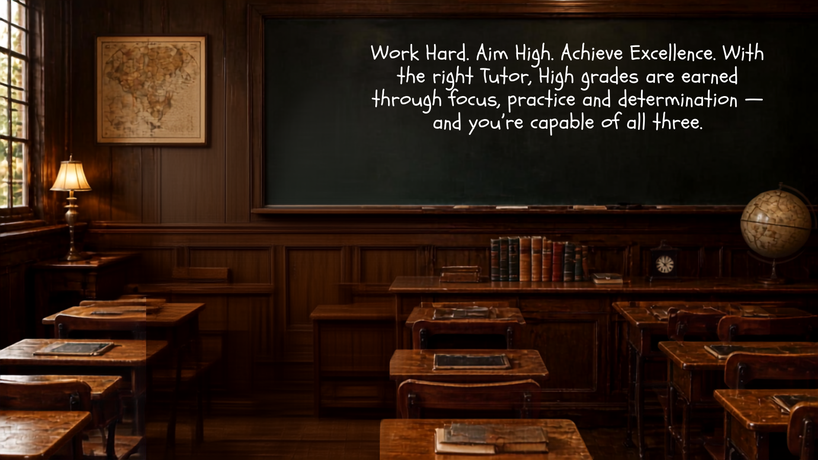 A classroom with wooden desks and chairs, a chalkboard with motivational text, a map of the world on the wall, a desk lamp, a globe, and a row of books.