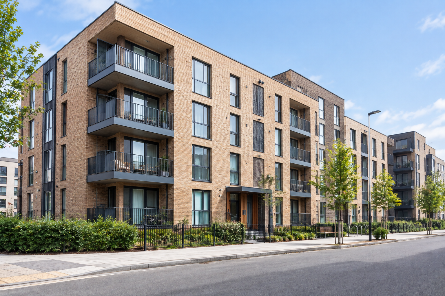 Modern new built low-rise Build to Rent, Multifamily brick apartment building with multiple balconies and small landscaped front yard, situated along a paved sidewalk with young trees and street lamps.