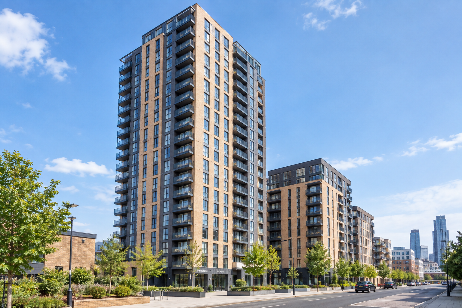 Modern high-rise Build to Rent, Multifamily apartment buildings on a city street under a blue sky with some clouds, green trees, and cars parked along the road.