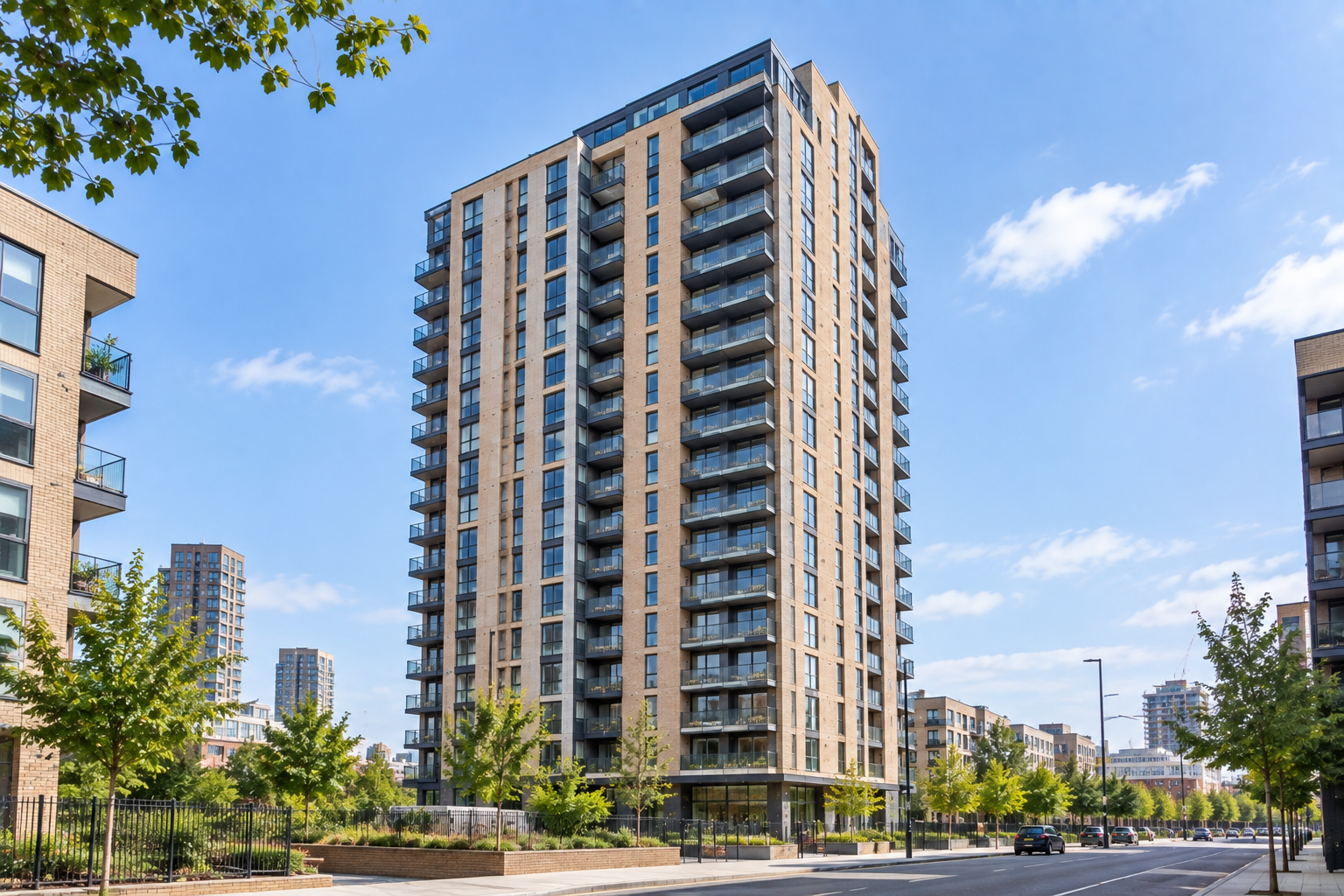 A modern multi-story hi-rise Build to Rent, Multifamily residential building in an urban area with balconies, surrounded by trees, parked cars, and other similar buildings under a blue sky with some clouds.