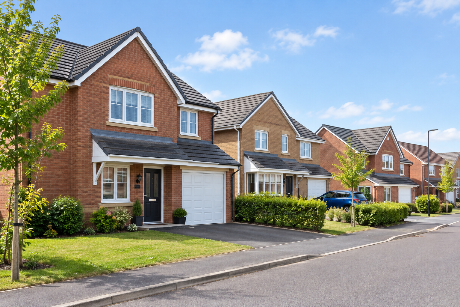 A row of suburban Single Family Rental or Single Family Housing with front lawns, trees, and driveway parking,